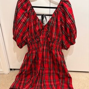 Old Navy Red Plaid Smocked Dress with Puff Shoulders